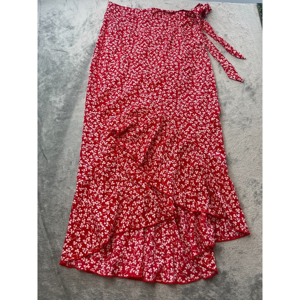 SHEIN Floral Wrap Maxi Skirt XL Red Ruffle Cottagecore Boho Feminine Skirt
